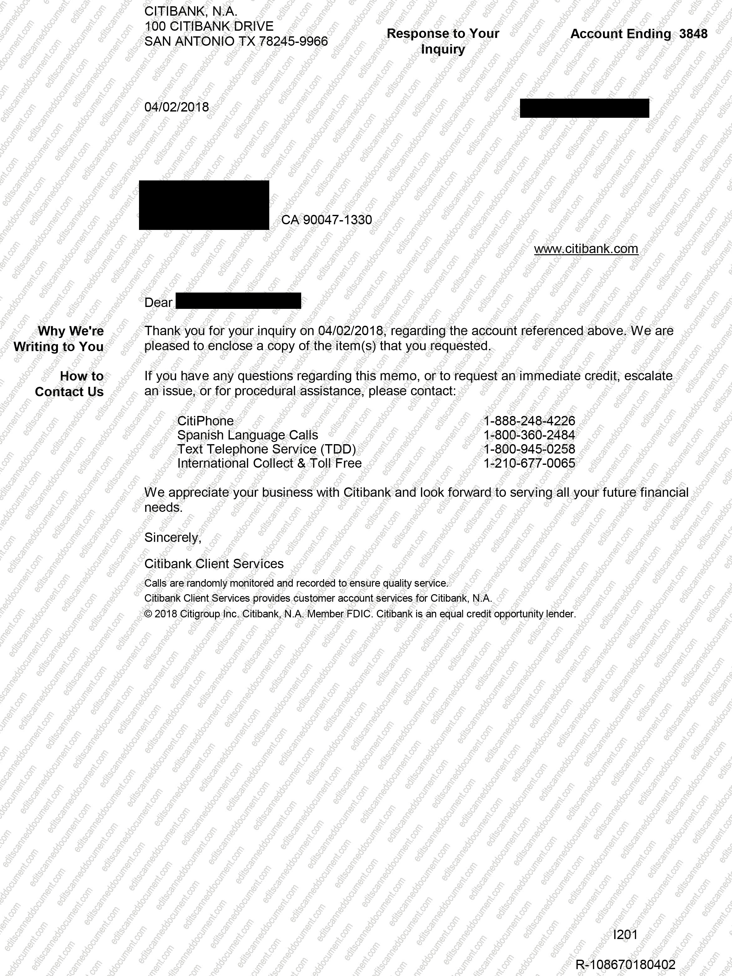 CITI Bank Page 1 Sample Document