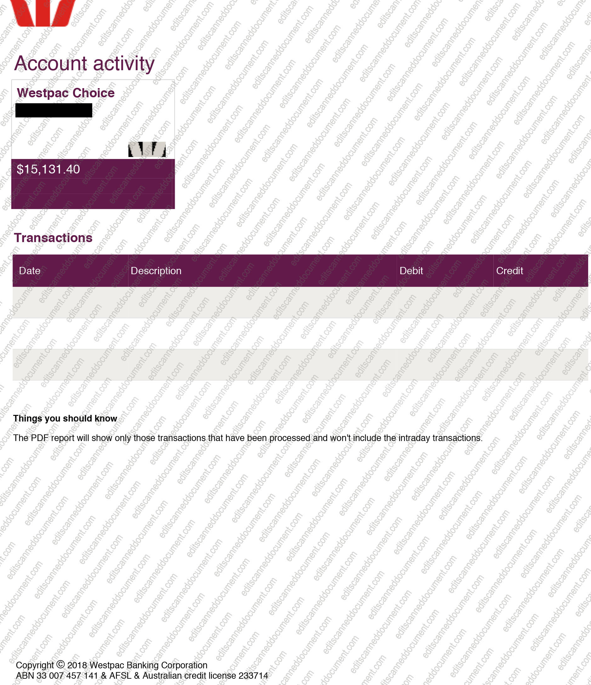 Westpac Bank Sample Document