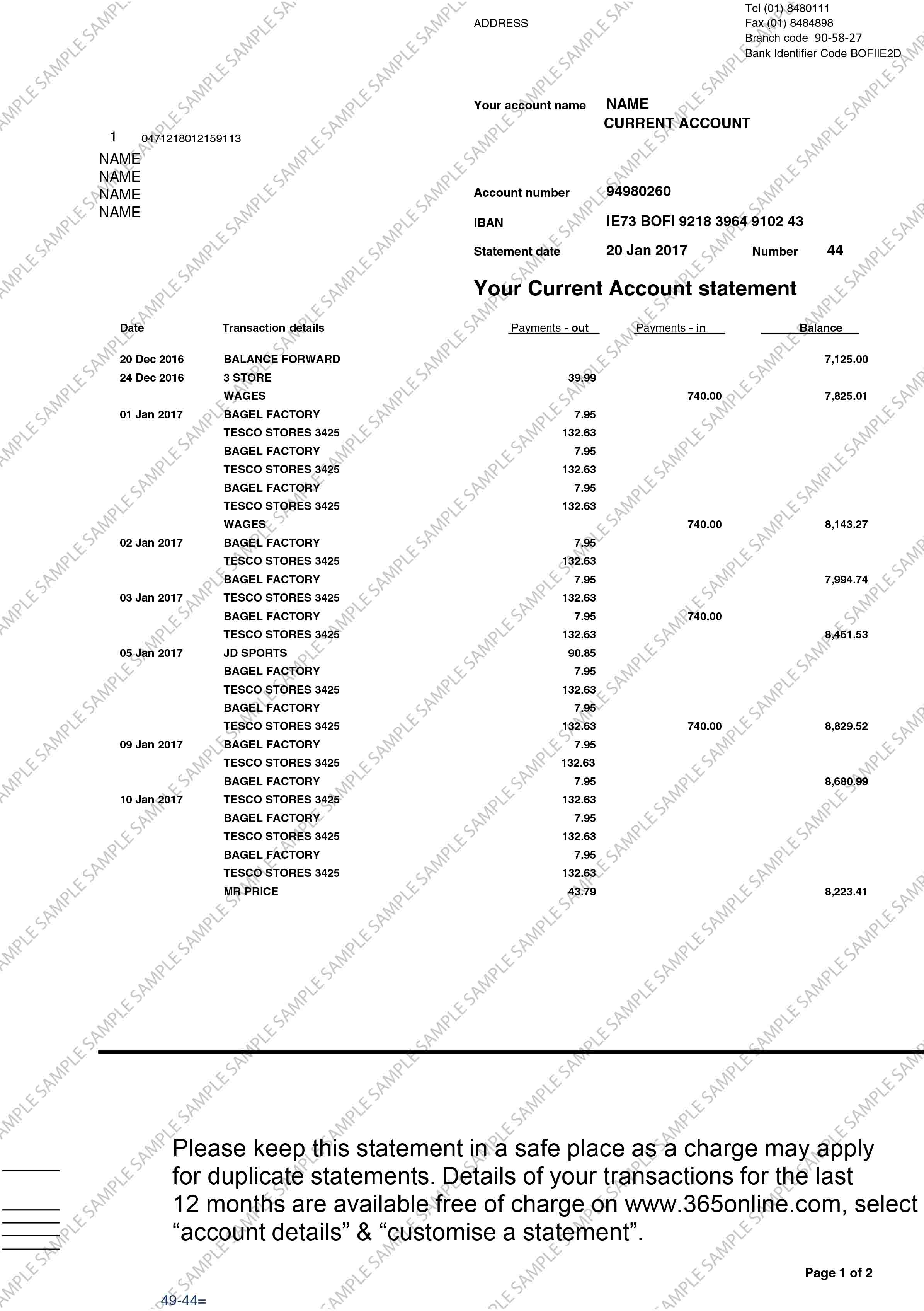 Bank of Ireland Sample Document