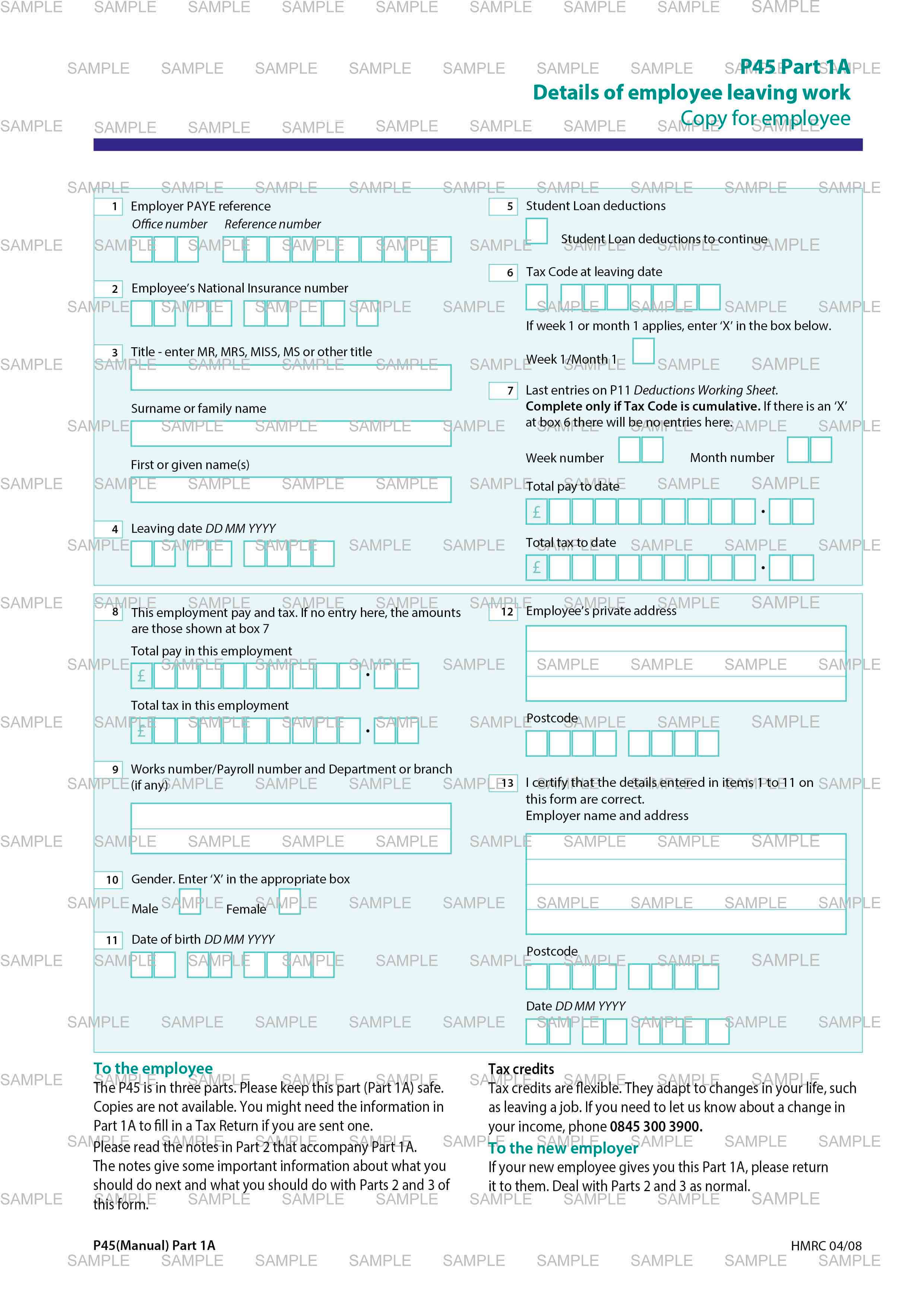 P45 Part A1 Sample Document