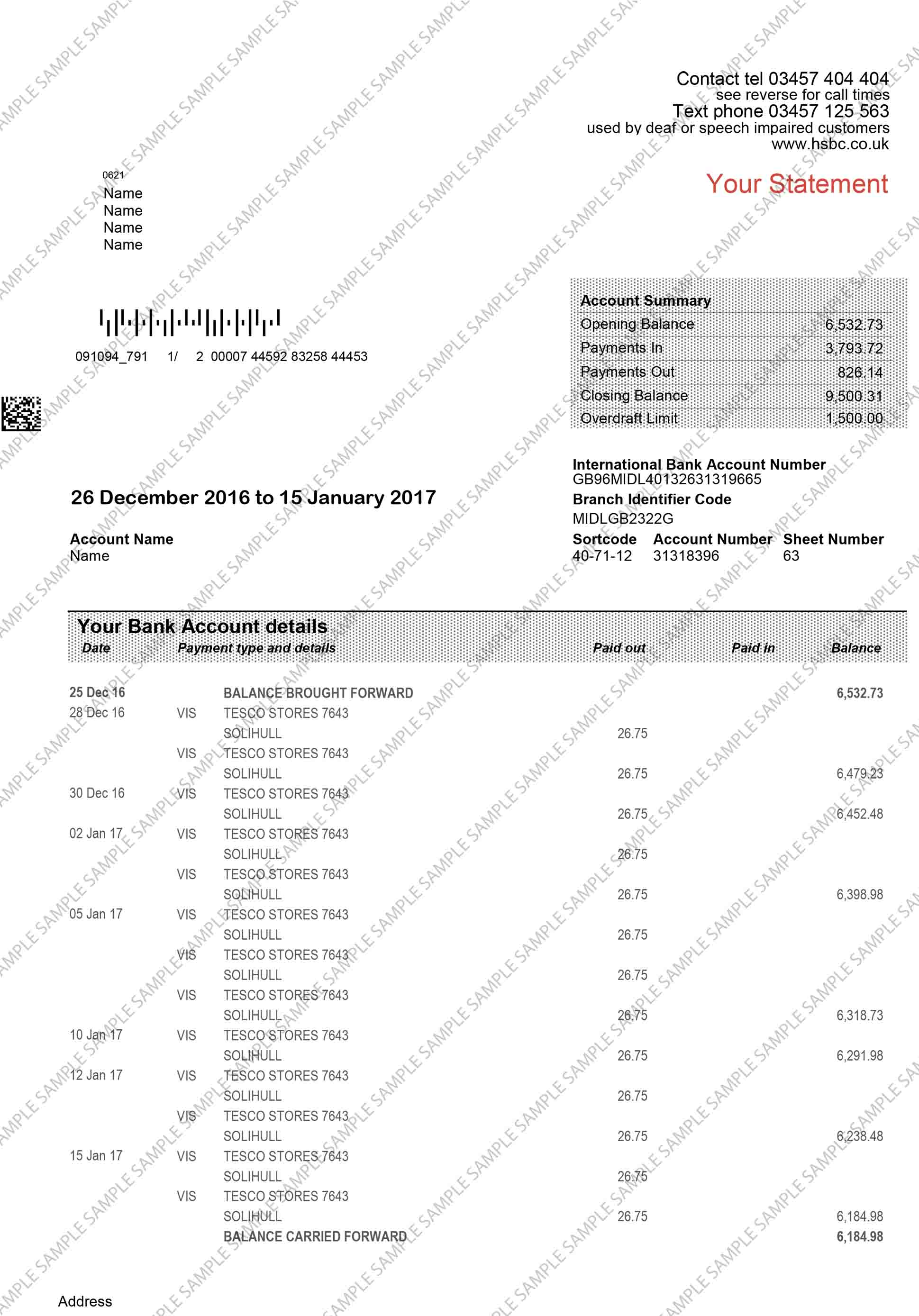 HSBC Current Sample Document