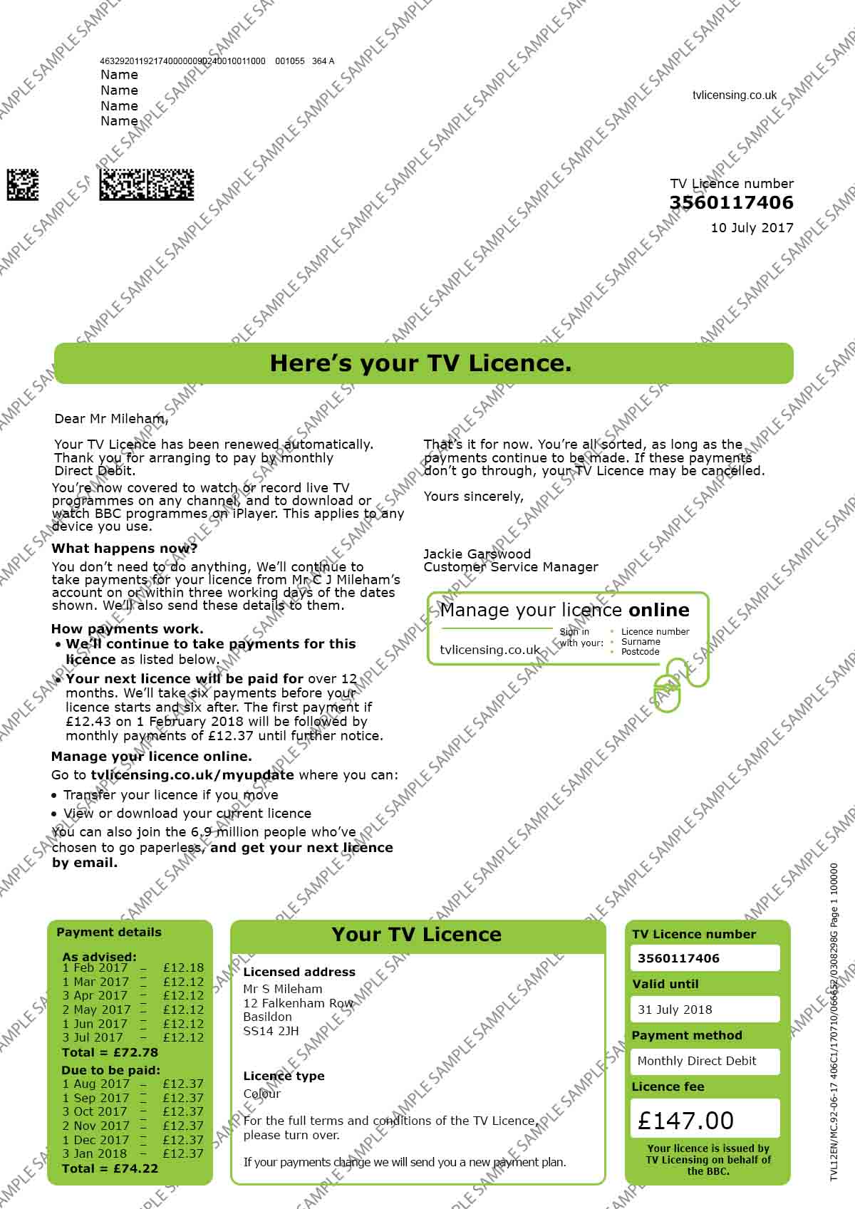 TV Licence Sample Document