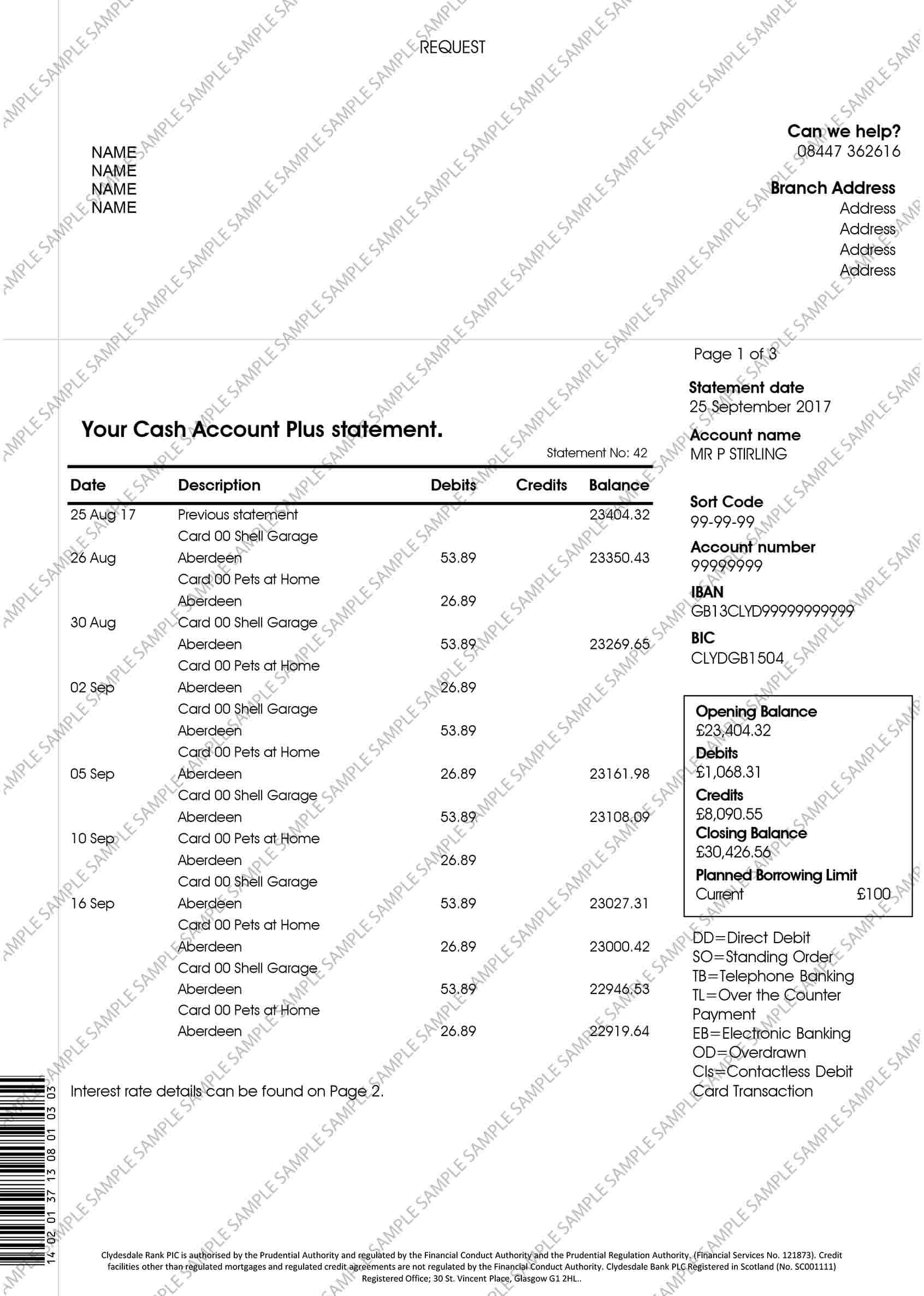 Clydesdale Bank Sample Document
