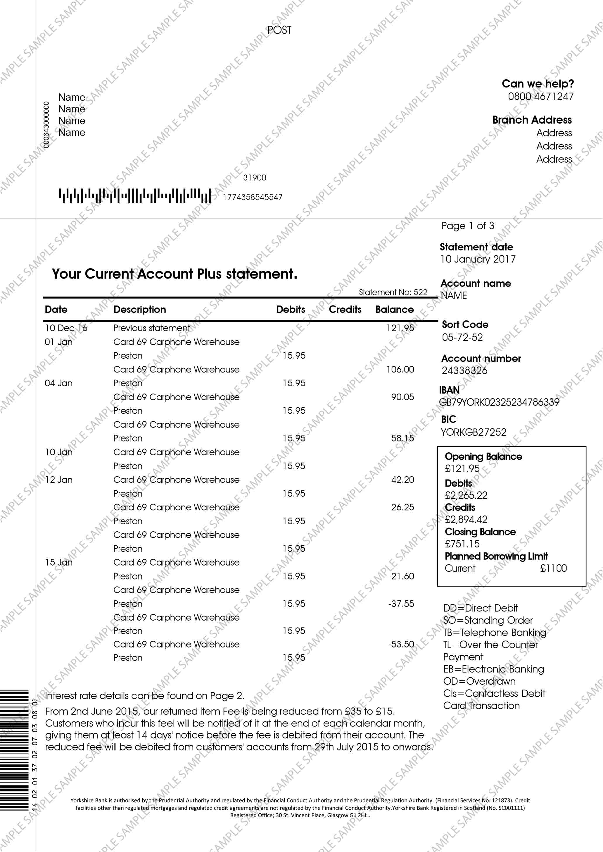 Yorkshire Bank Sample Document