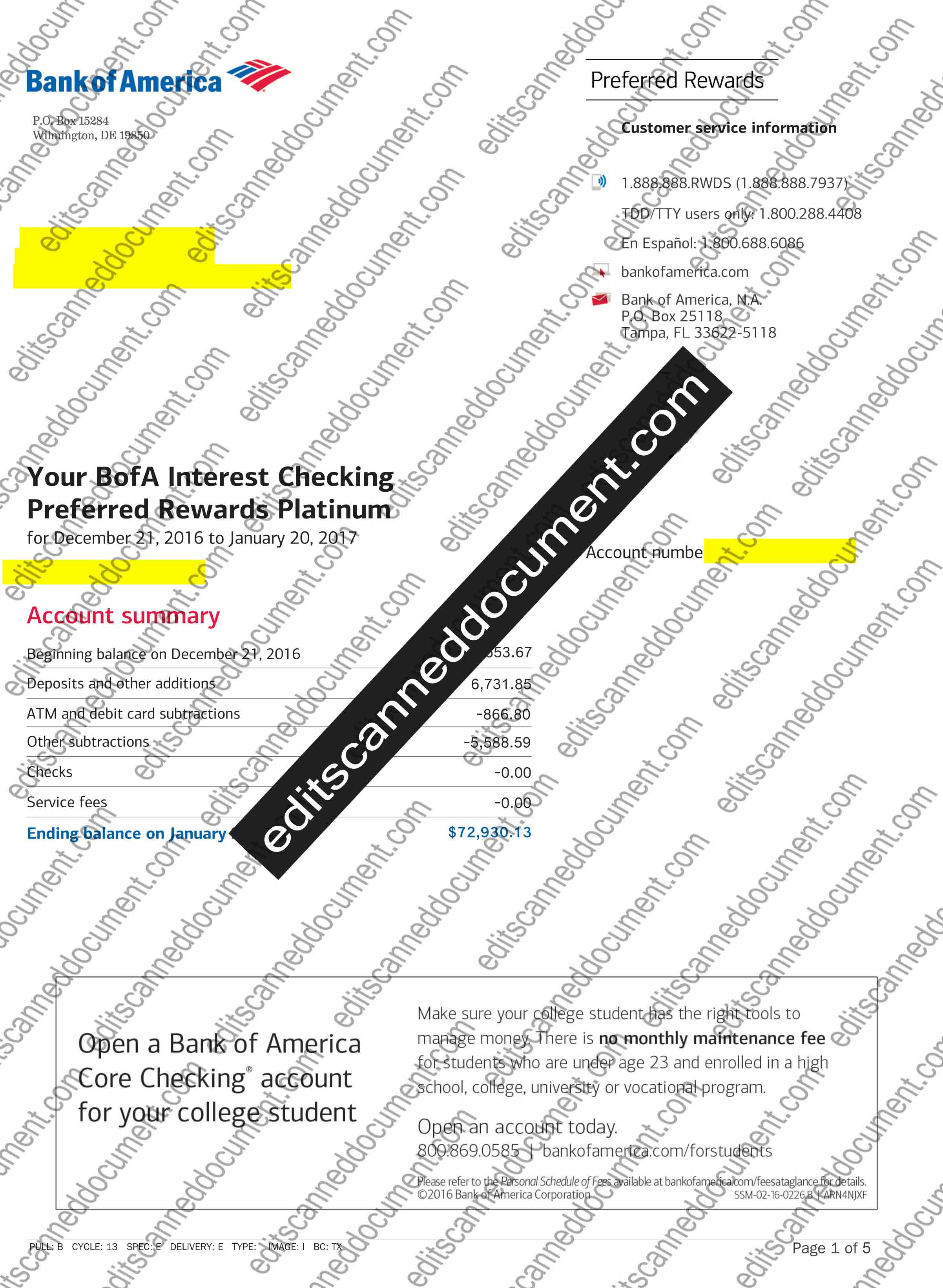Bank of America Page 1 Sample Document