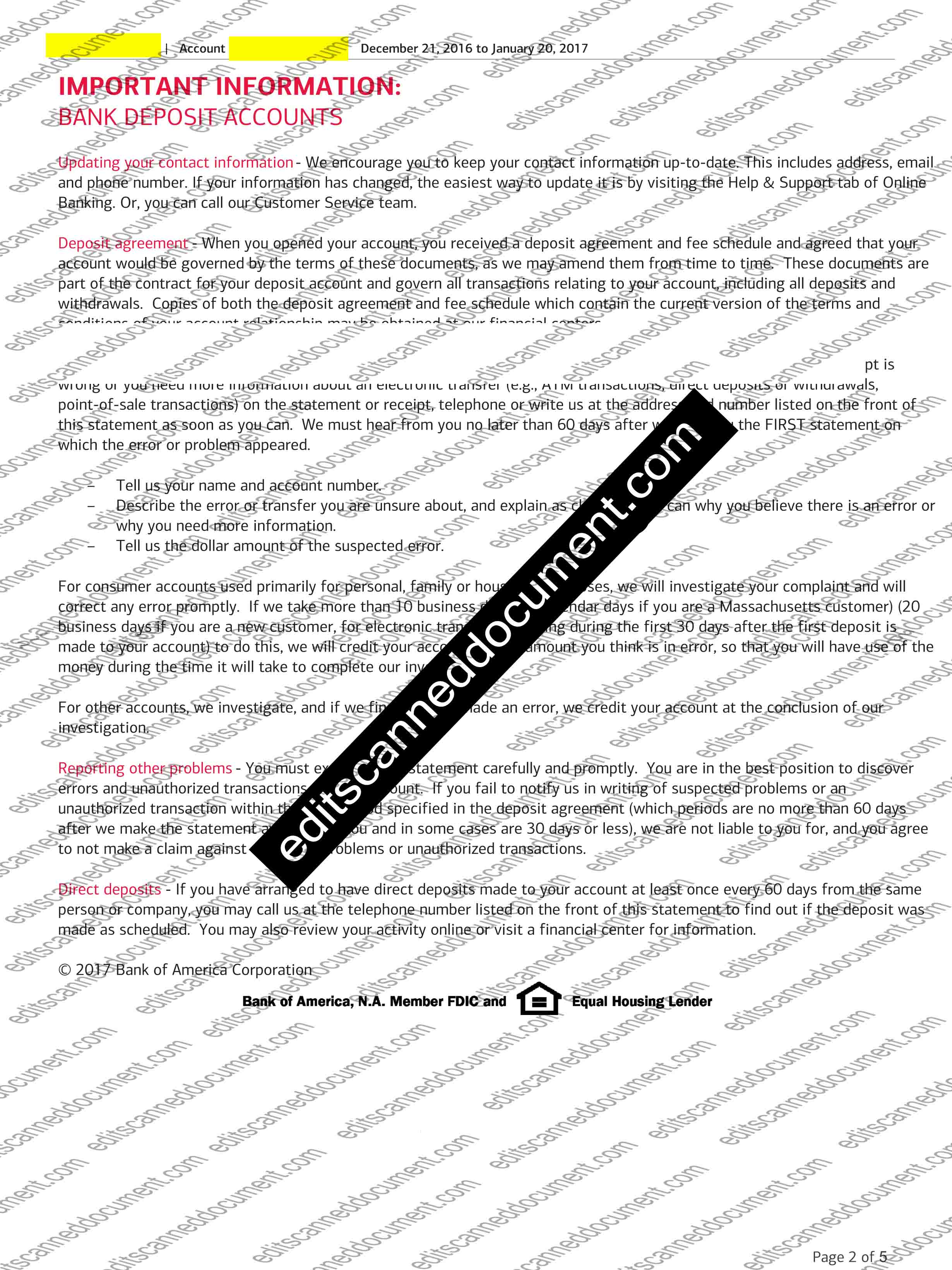 Bank of America Page 2 Sample Document