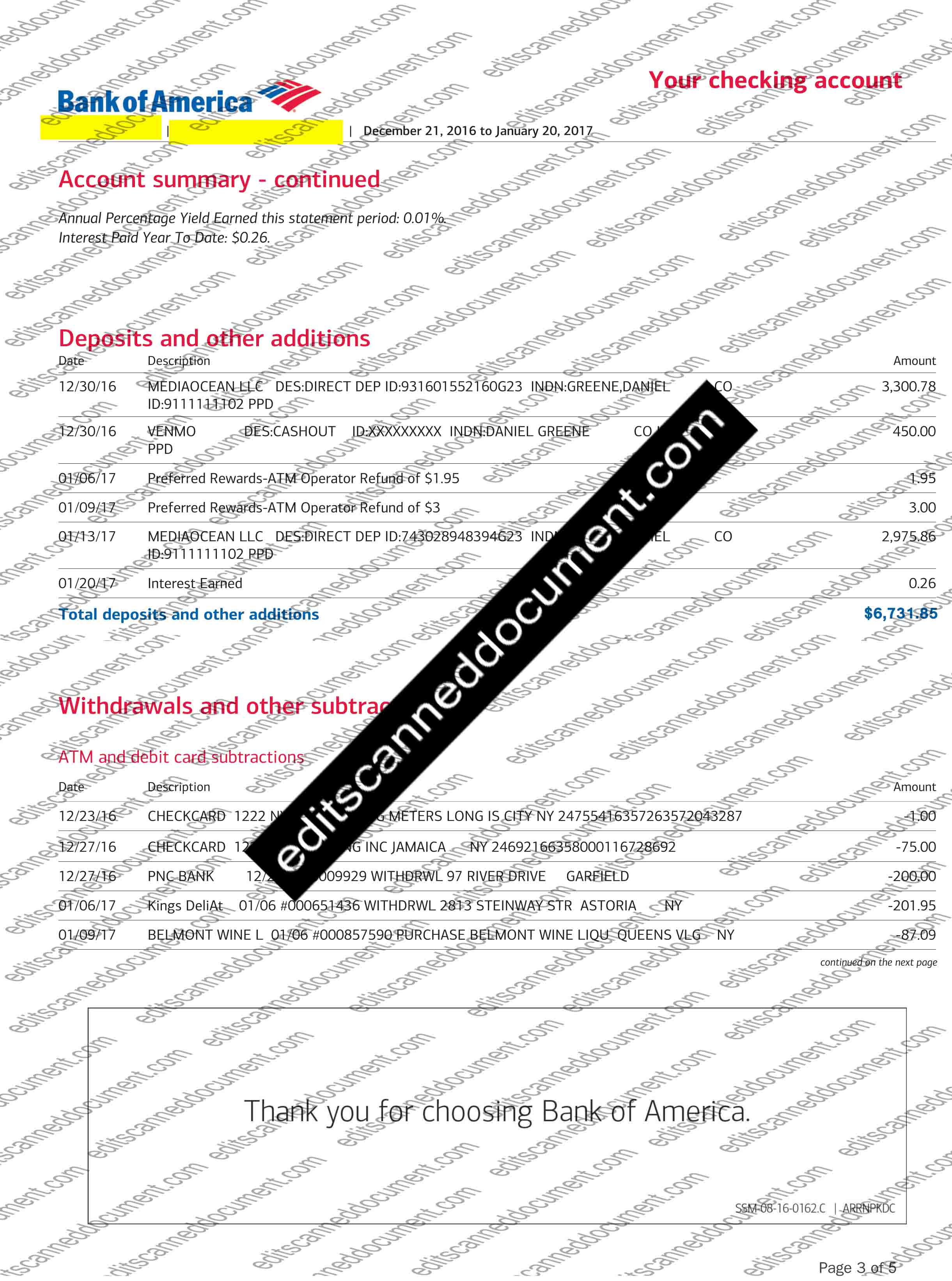 Bank of America Page 3 Sample Document